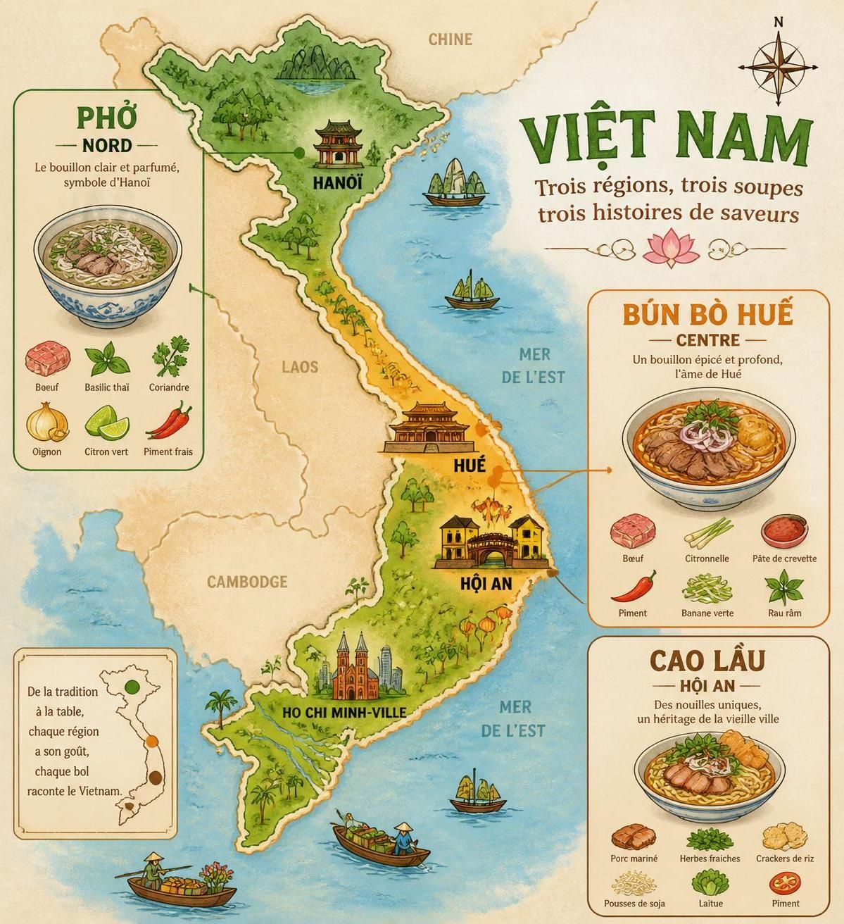 découvrez les soupes régionales emblématiques du vietnam : le phở savoureux du nord, le bún bò épicé de huế et le cao lầu unique de hội an, réunis pour vous faire voyager à travers leurs saveurs authentiques.