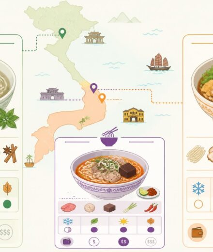 Les soupes régionales du Vietnam : phở du Nord, bún bò de Huế et cao lầu de Hội An côte à côte découvrez les soupes régionales du vietnam avec le phở du nord, le bún bò de huế et le cao lầu de hội an, trois spécialités emblématiques qui reflètent la richesse culinaire vietnamienne.