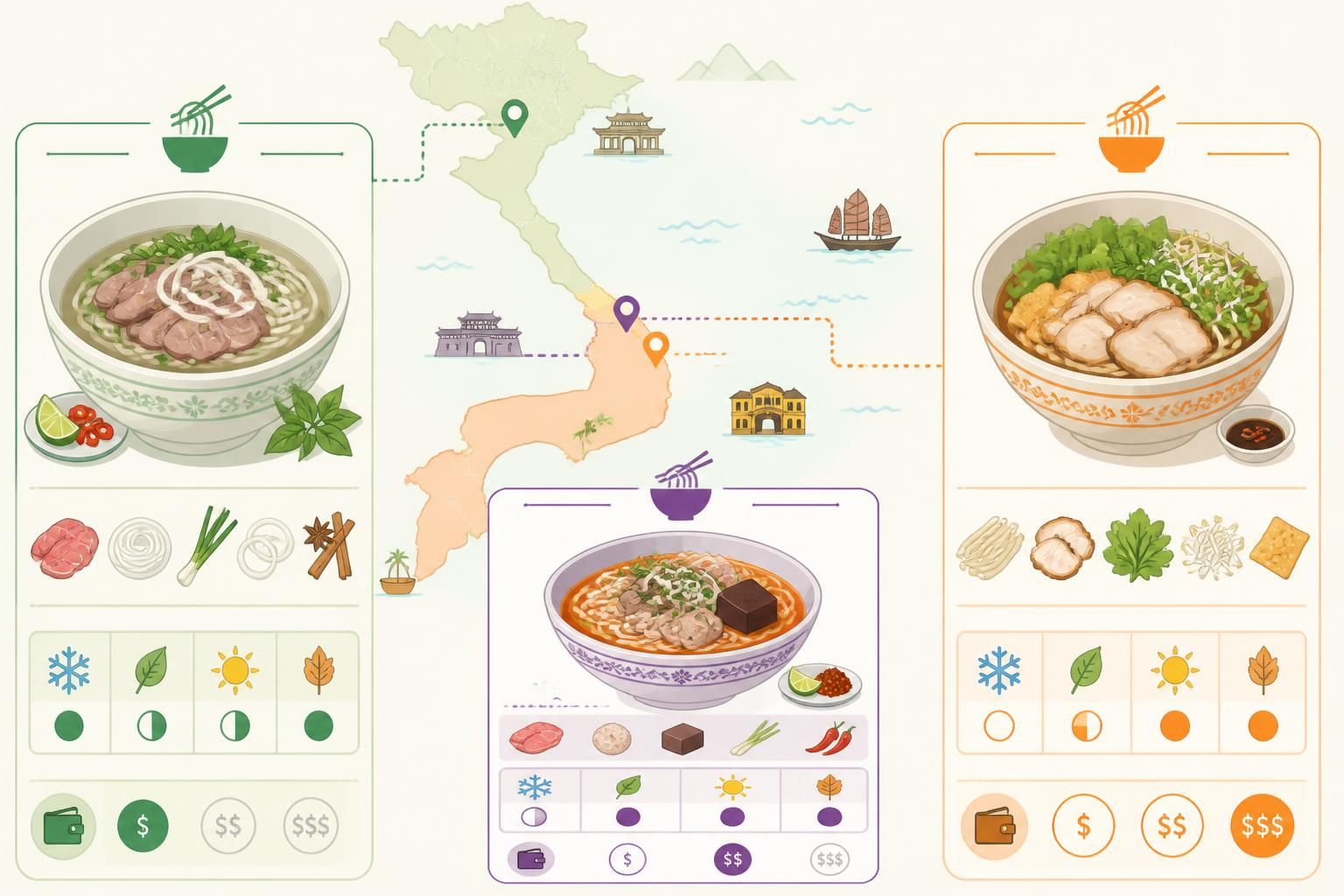 découvrez les soupes régionales du vietnam avec le phở du nord, le bún bò de huế et le cao lầu de hội an, trois spécialités emblématiques qui reflètent la richesse culinaire vietnamienne.