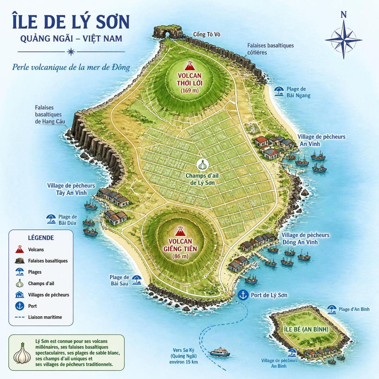 découvrez l'île de lý sơn, célèbre pour son ail unique de quảng ngãi et ses impressionnantes falaises volcaniques, une destination authentique loin des sentiers battus.