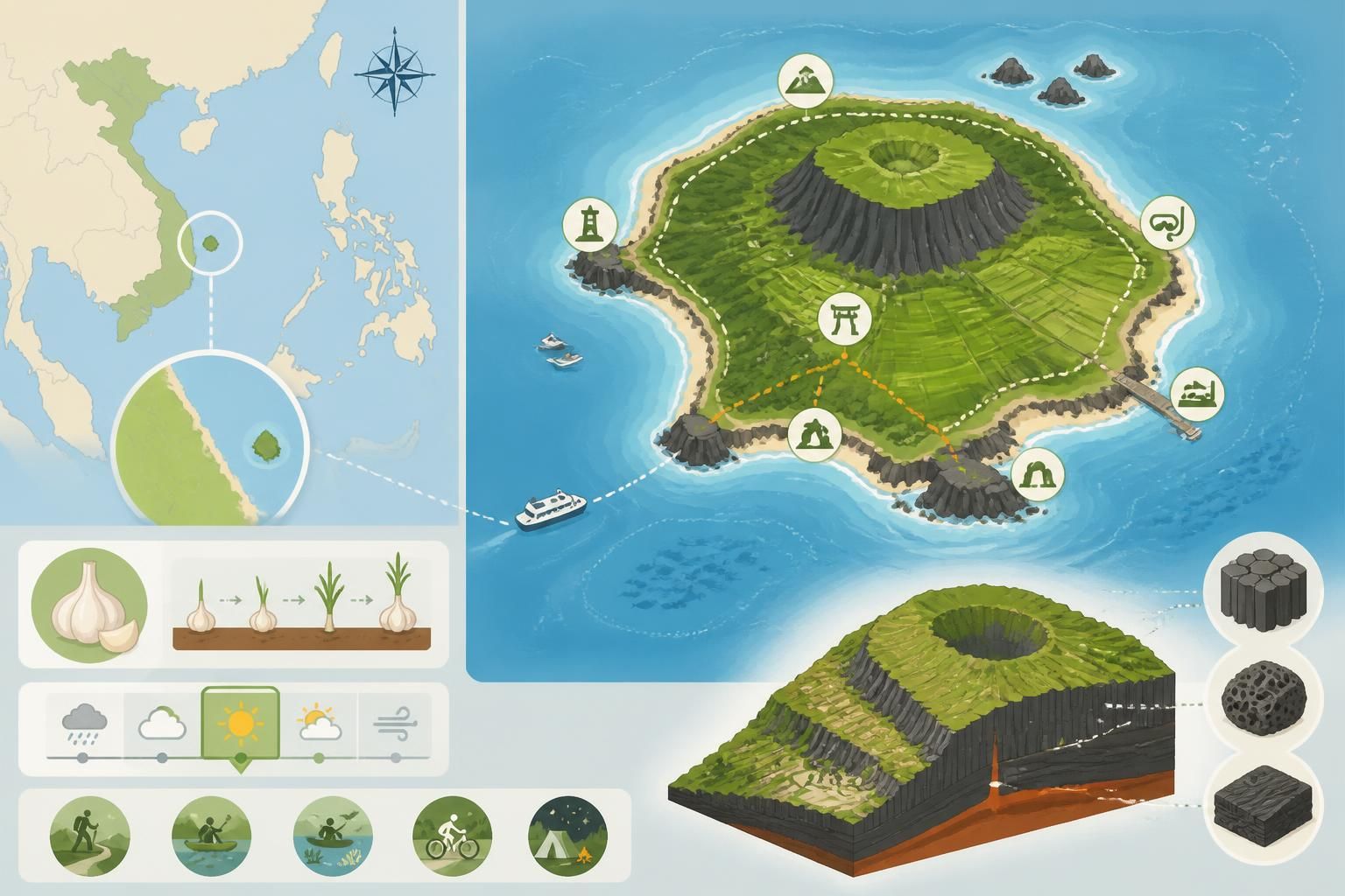 découvrez l'île de lý sơn, célèbre pour sa culture unique de l'ail à quảng ngãi, ses impressionnantes falaises volcaniques et son charme authentique loin des circuits touristiques classiques.