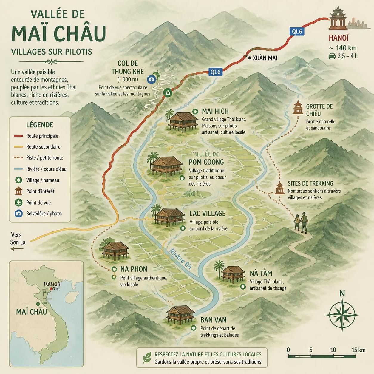découvrez maï châu, à seulement 3h de hanoï, célèbre pour ses rizières en terrasses, ses maisons sur pilotis traditionnelles et l'art des tissages thái authentiques.