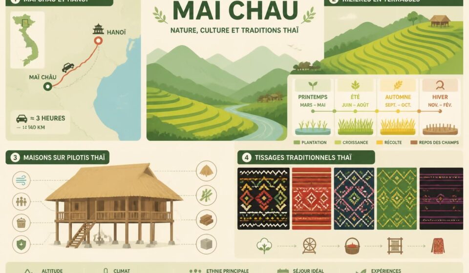 découvrez maï châu, à seulement 3 heures de hanoï, avec ses magnifiques rizières verdoyantes, ses maisons traditionnelles sur pilotis et l'art authentique des tissages thái.