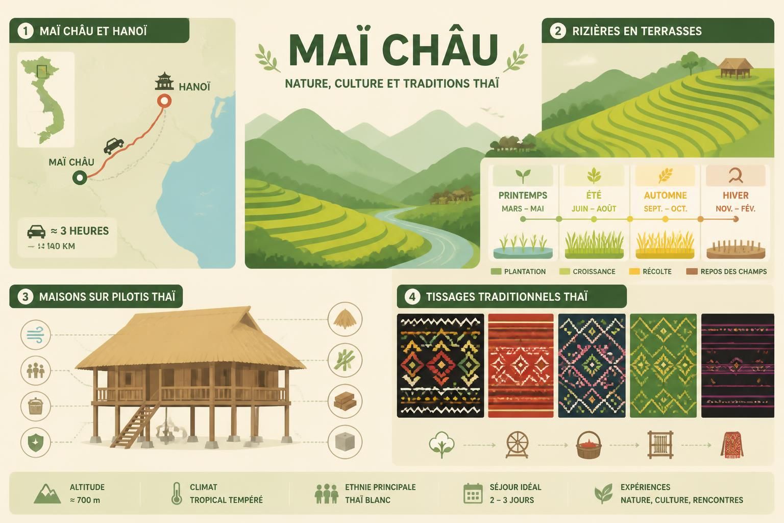 découvrez maï châu, à seulement 3 heures de hanoï, avec ses magnifiques rizières verdoyantes, ses maisons traditionnelles sur pilotis et l'art authentique des tissages thái.