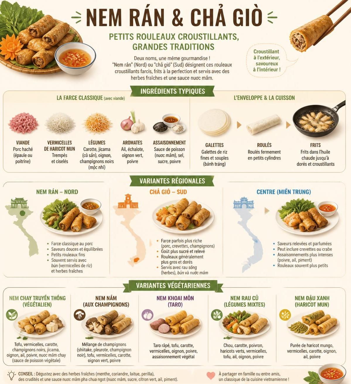 découvrez les différences régionales du vietnam à travers le nem rán du nord et le chả giò du sud, ces rouleaux frits emblématiques qui révèlent une riche diversité culinaire.