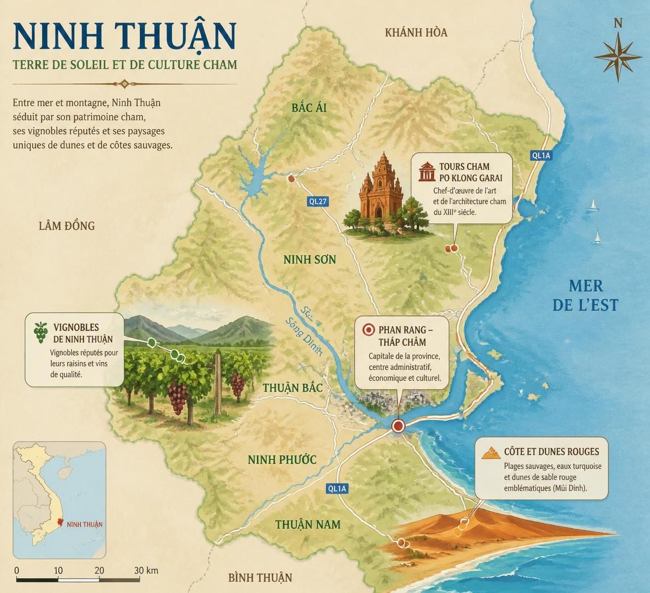 découvrez phan rang et les tours cham de ninh thuận, entre vignes du désert, dunes rouges spectaculaires et la fraîcheur du vent marin, un voyage unique au cœur d'un paysage fascinant.