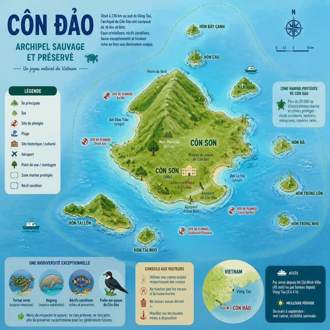 dĂ©couvrez la plongĂ©e Ă cĂŽn ÄáșŁo, un paradis sous-marin oĂč vous pourrez observer des tortues vertes, explorer des rĂ©cifs coralliens prĂ©servĂ©s et profiter d'une zone marine protĂ©gĂ©e exceptionnelle.