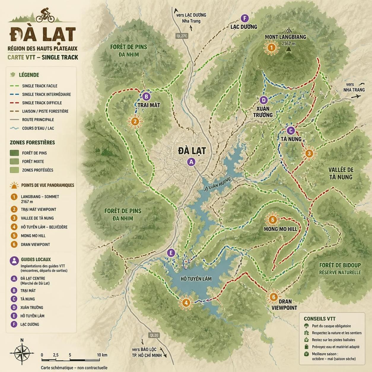 découvrez les pistes single track en vtt à đà lạt, entre paysages de hauteurs époustouflants et guides locaux expérimentés pour une aventure sécurisée et authentique.