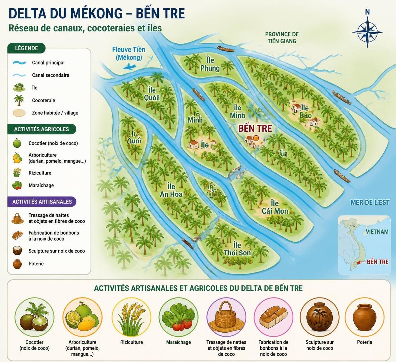 découvrez bến tre, l'île aux cocotiers du mékong, célèbre pour son artisanat ancestral unique de la noix de coco. plongez dans une culture riche et authentique au cœur du delta.