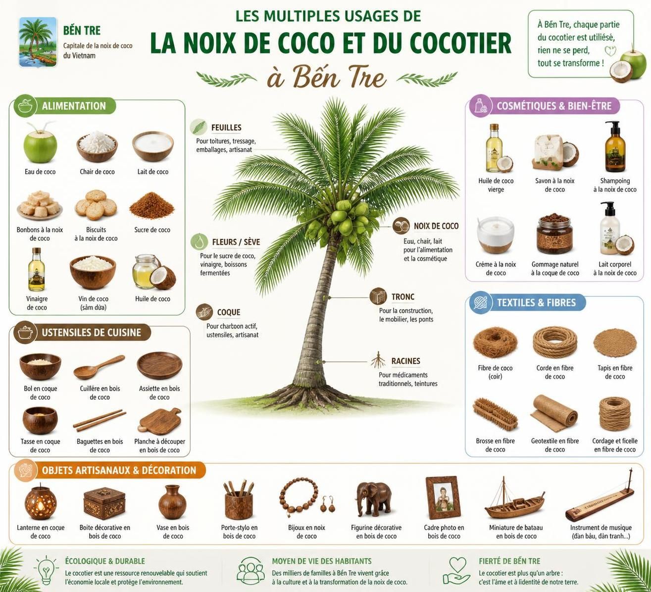 découvrez bến tre, l'île aux cocotiers du mékong, célèbre pour son artisanat ancestral et ses produits uniques issus de la noix de coco.