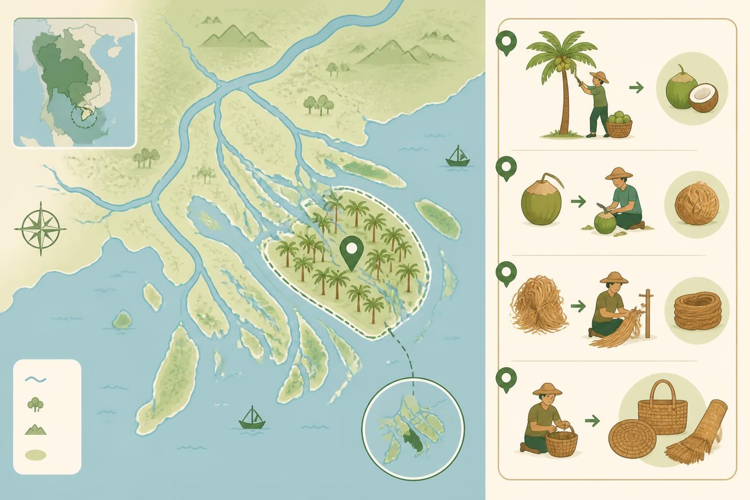 découvrez bến tre, l'île aux cocotiers du mékong, célèbre pour son artisanat ancestral de la noix de coco, ses paysages pittoresques et sa culture authentique vietnamienne.