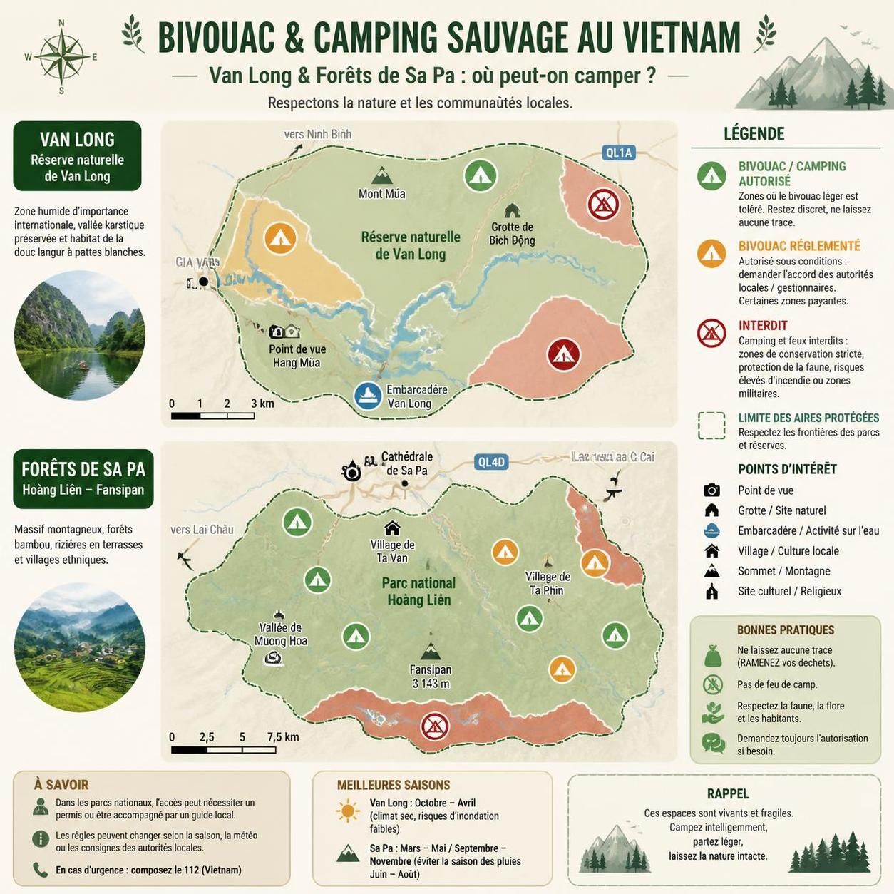 découvrez les meilleures pratiques pour le bivouac et le camping sauvage au vietnam, notamment à van long et dans les forêts de sa pa, en respectant la législation locale pour une expérience responsable et sécurisée.