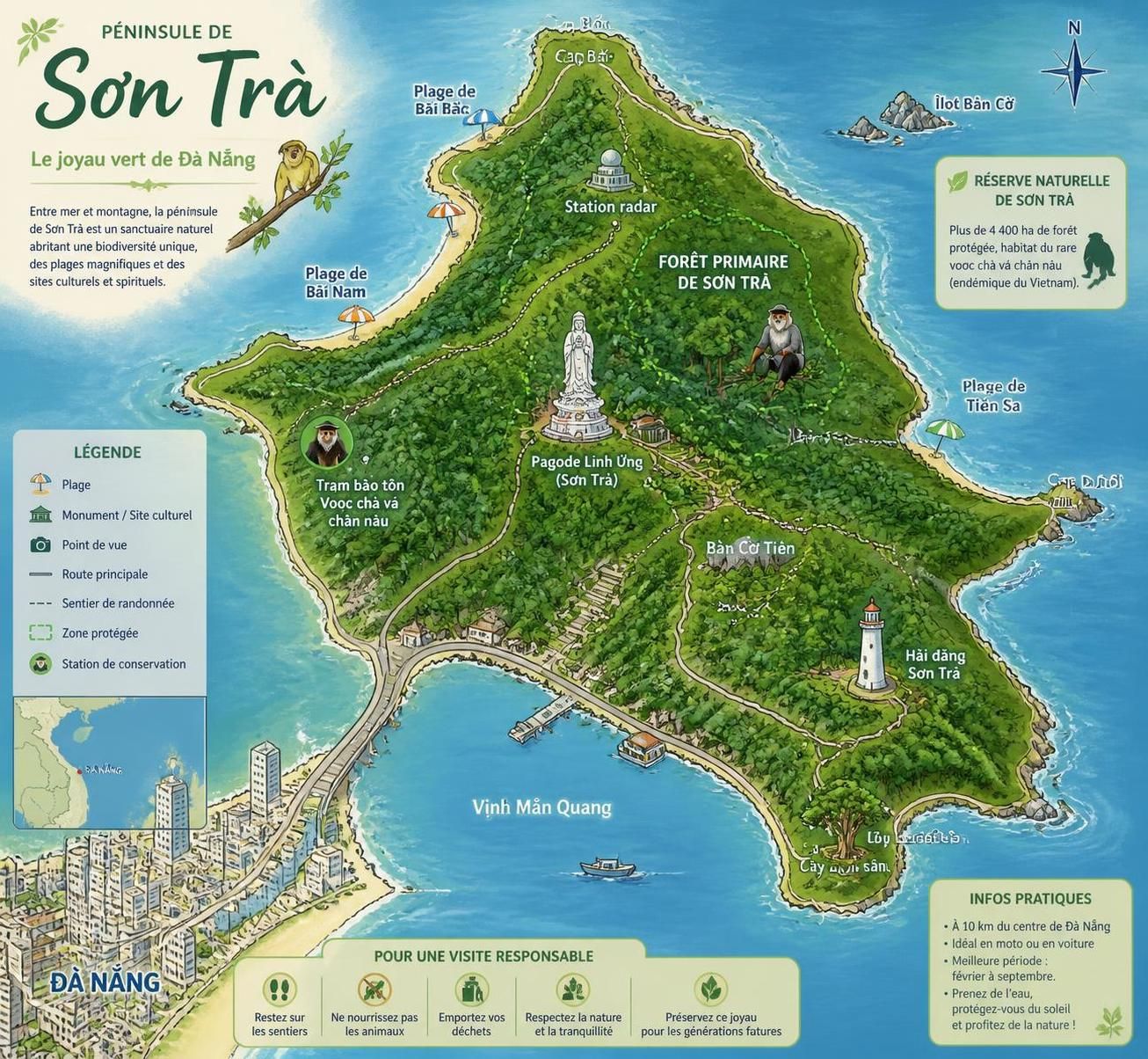 découvrez la péninsule de sơn trà à da nang, un sanctuaire naturel unique abritant les douc langurs, accessible en seulement 10 minutes du centre-ville. partez à la rencontre de cette réserve exceptionnelle alliant biodiversité et beauté naturelle.