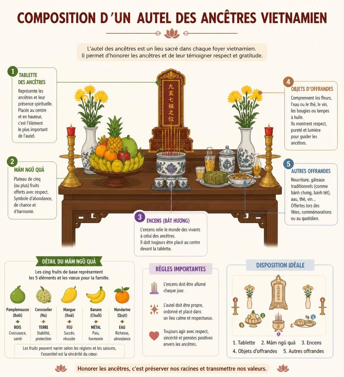 découvrez l'importance de l'autel des ancêtres au vietnam, où le mâm ngũ quả et l'encens symbolisent le lien sacré entre les vivants et les morts, reflet d'une tradition culturelle profonde.