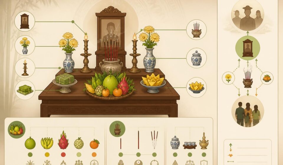 découvrez l'importance de l'autel des ancêtres au vietnam, avec le mâm ngũ quả, l'encens et le lien sacré entre les vivants et les morts dans la tradition vietnamienne.
