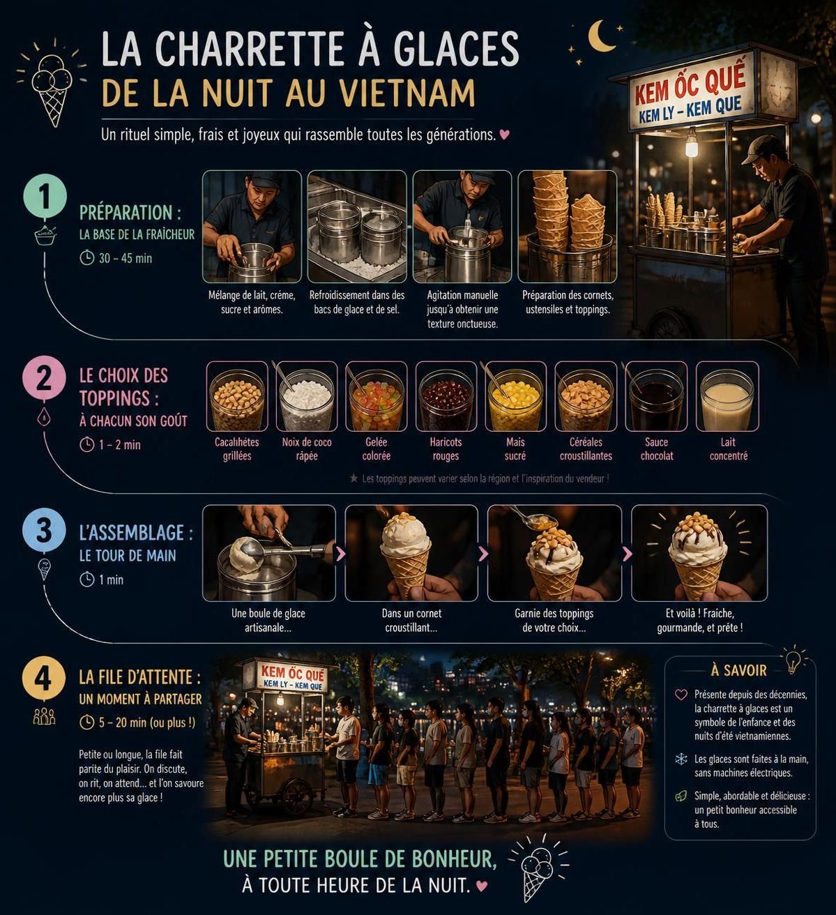 découvrez les glaces artisanales du vietnam, avec leurs saveurs uniques comme le kem dừa et le kem bơ, ainsi que les charrettes traditionnelles qui illuminent les rues de minuit.