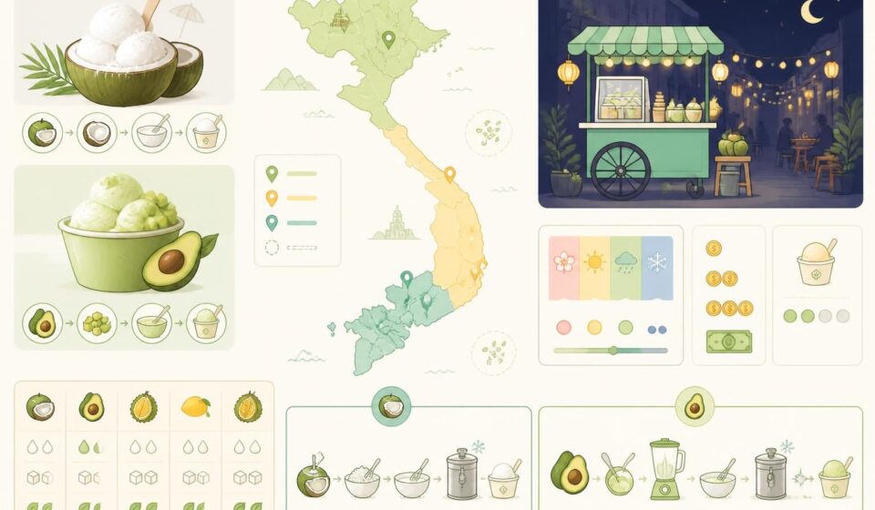découvrez les glaces artisanales uniques du vietnam, avec les saveurs emblématiques du kem dừa et du kem bơ, servies par les charrettes colorées qui animent les rues à minuit.