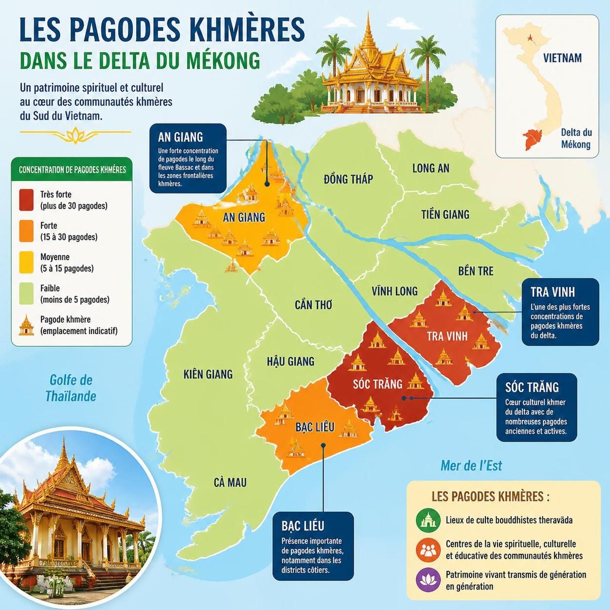 découvrez les pagodes khmères du delta du mékong, où le bouddhisme theravada s'entrelace avec la vie paisible des villages locaux, offrant un aperçu authentique de la culture et des traditions cambodgiennes.