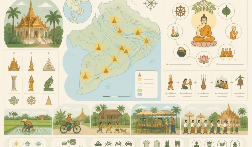 découvrez les pagodes khmères du delta du mékong, symboles du bouddhisme theravada, et plongez dans la vie paisible des villages locaux, entre traditions spirituelles et quotidien authentique.