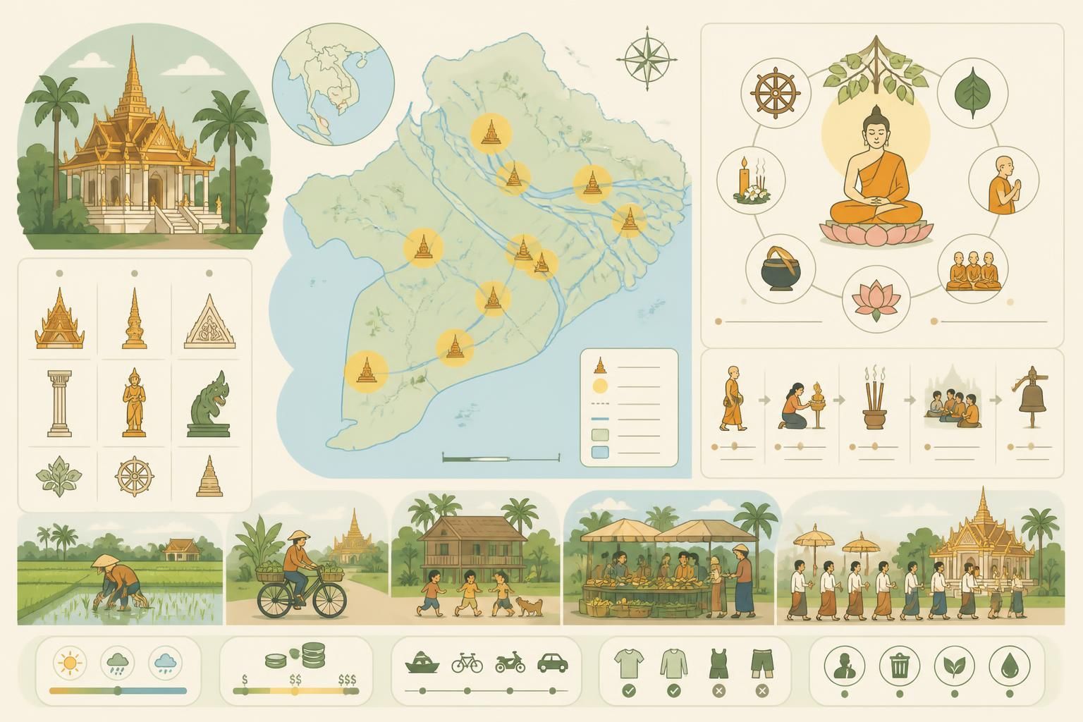 découvrez les pagodes khmères du delta du mékong, symboles du bouddhisme theravada, et plongez dans la vie paisible des villages locaux, entre traditions spirituelles et quotidien authentique.