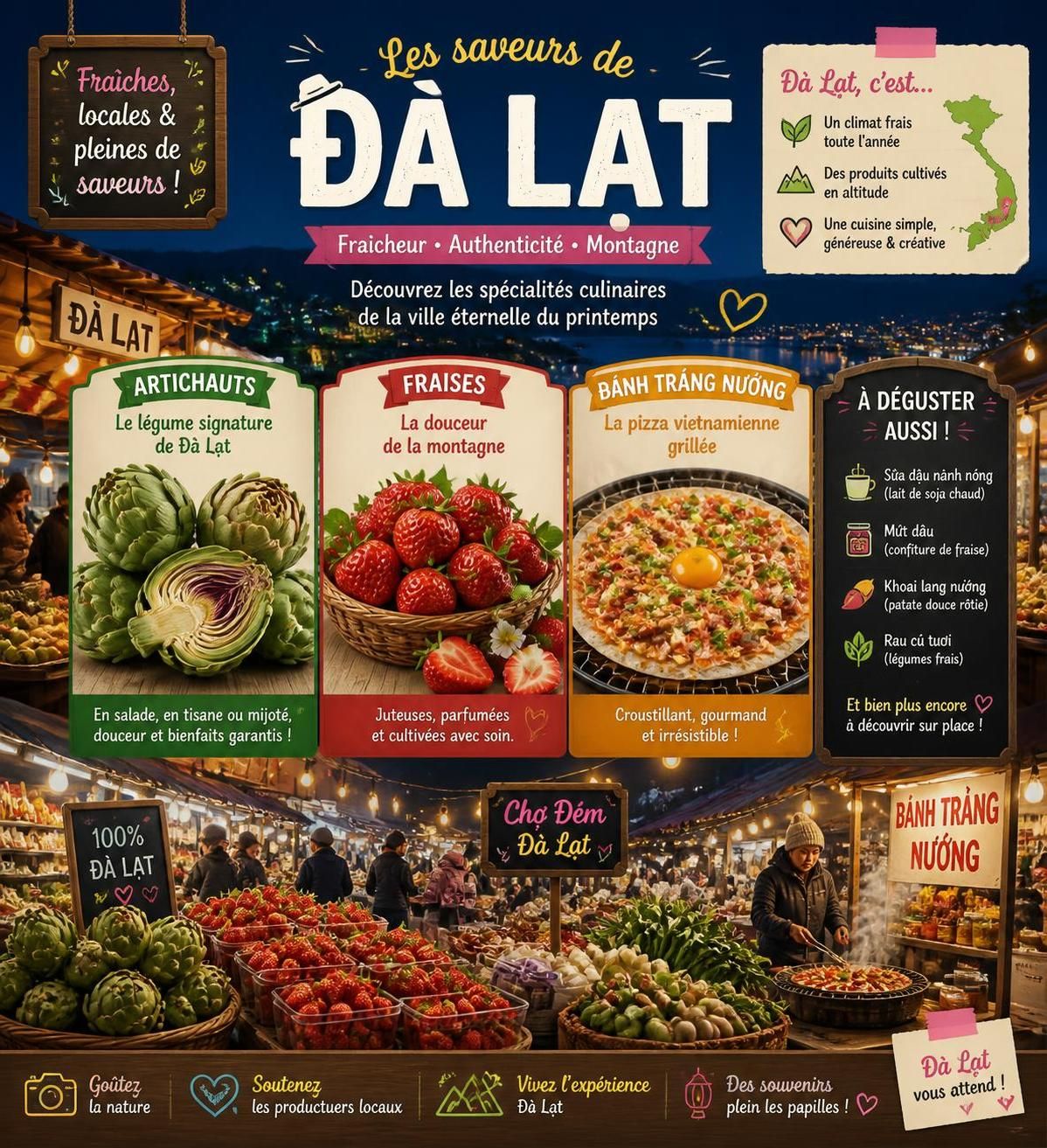 découvrez les spécialités culinaires de đà lạt, entre artichauts frais, fraises savoureuses et bánh tráng nướng, une véritable gastronomie d'altitude unique au vietnam.