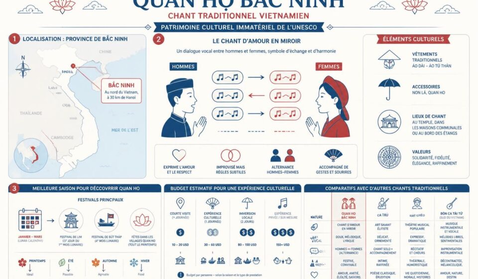 découvrez quan họ bắc ninh, les chants d'amour en miroir traditionnels du nord du vietnam, reconnus patrimoine immatériel de l'unesco pour leur richesse culturelle et leur beauté vocale unique.
