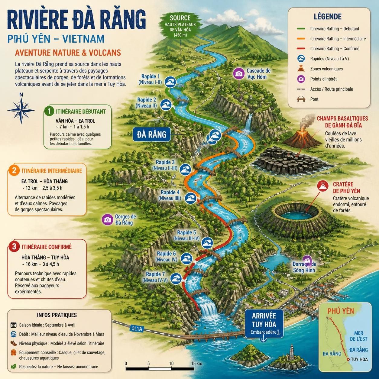 dĂ©couvrez le rafting sur la riviĂšre ÄĂ ráș±ng Ă phĂș yĂȘn, une aventure au cĆur de rapides excitants et de paysages volcaniques prĂ©servĂ©s, loin des sentiers touristiques classiques.