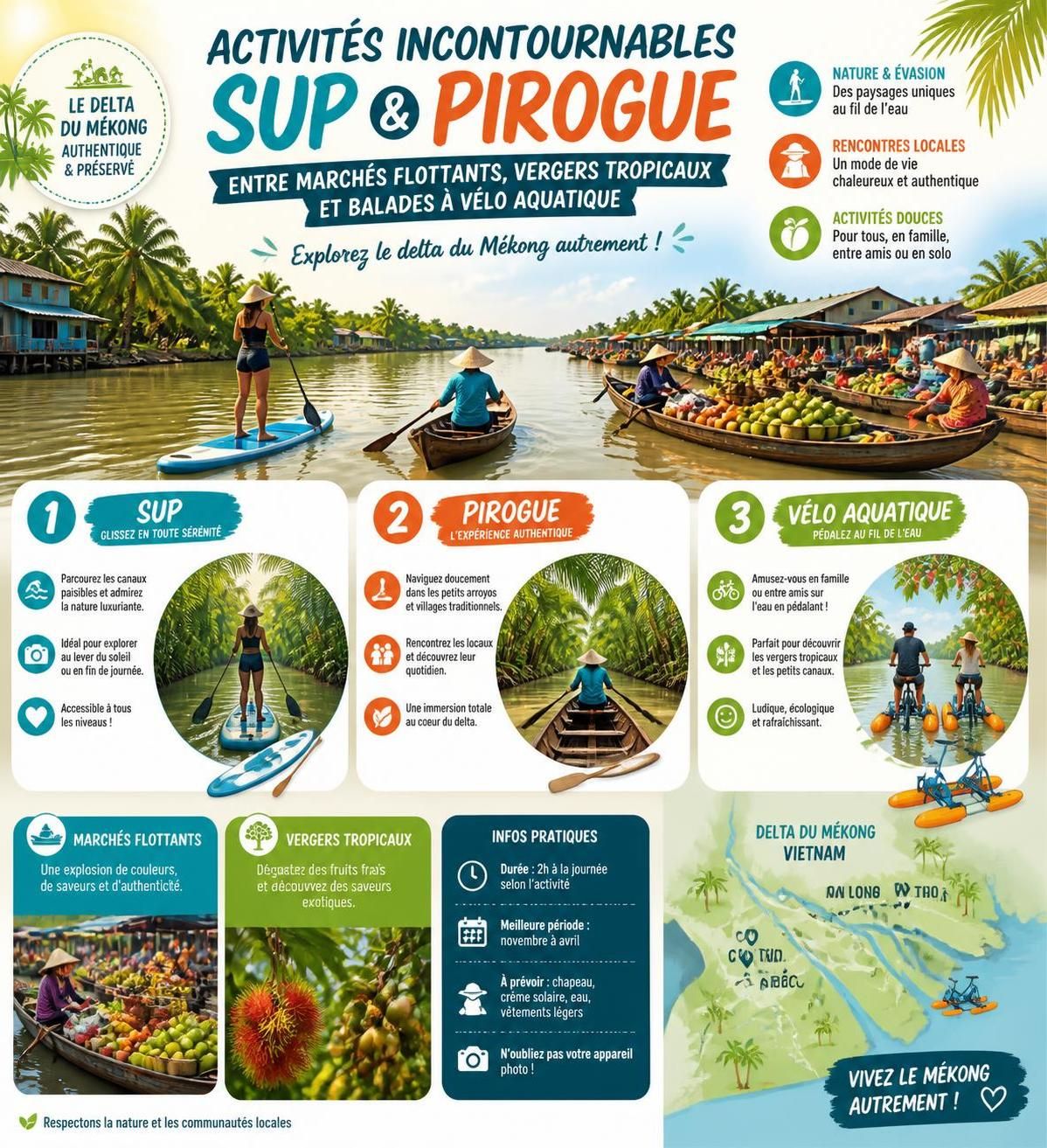 découvrez l'aventure en sup et pirogue dans le delta du mékong, pagayez entre cần thơ et les îles de vĩnh long pour une immersion unique au cœur des paysages fluviaux et des villages authentiques.