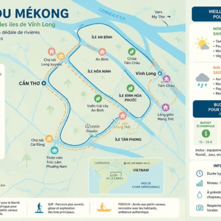 SUP et pirogue dans le delta du Mékong : pagayer entre Cần Thơ et les îles de Vĩnh Long découvrez une aventure unique en sup et pirogue dans le delta du mékong, pagayez entre cần thơ et les îles pittoresques de vĩnh long pour une immersion authentique au cœur de la nature vietnamienne.