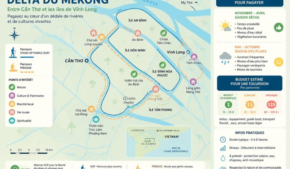 découvrez une aventure unique en sup et pirogue dans le delta du mékong, pagayez entre cần thơ et les îles pittoresques de vĩnh long pour une immersion authentique au cœur de la nature vietnamienne.