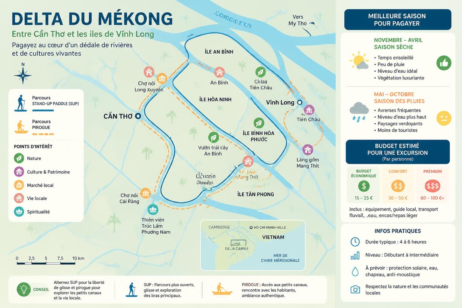 découvrez une aventure unique en sup et pirogue dans le delta du mékong, pagayez entre cần thơ et les îles pittoresques de vĩnh long pour une immersion authentique au cœur de la nature vietnamienne.