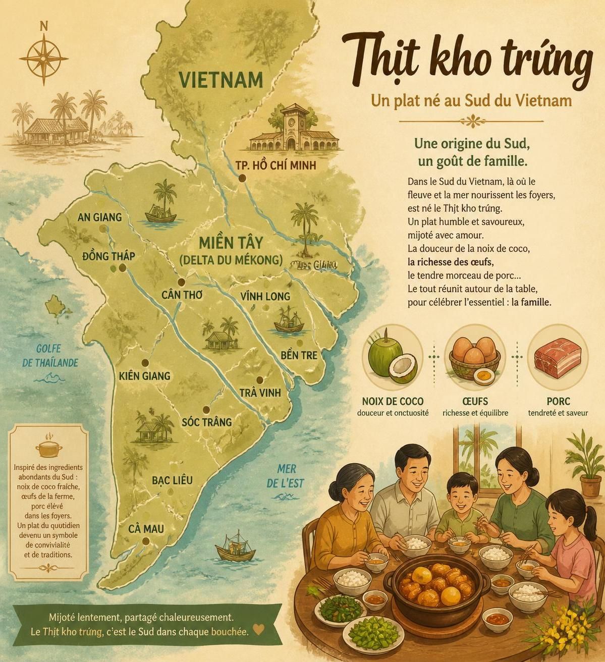 découvrez le thịt kho trứng, ce plat traditionnel vietnamien du têt alliant porc braisé à la noix de coco et œufs, un véritable comfort food du sud pour réchauffer vos repas.
