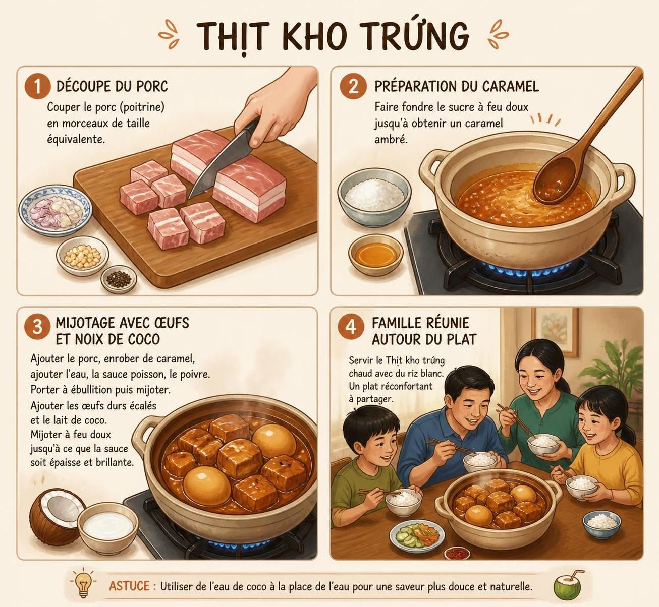 découvrez thịt kho trứng, le délicieux porc braisé à la noix de coco, un plat traditionnel du têt et la comfort food incontournable du sud du vietnam, riche en saveurs authentiques.