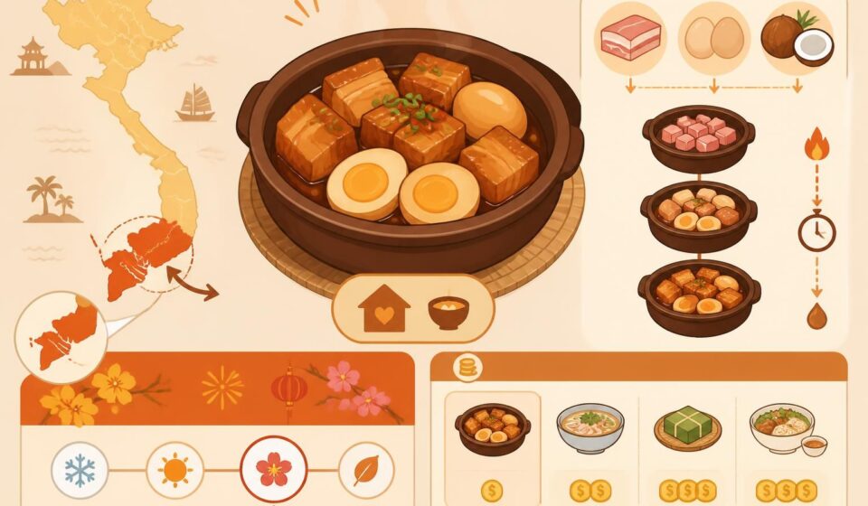 découvrez thịt kho trứng, le porc braisé à la noix de coco, un plat traditionnel du têt et véritable comfort food du sud du vietnam, riche en saveurs et réconfortant.