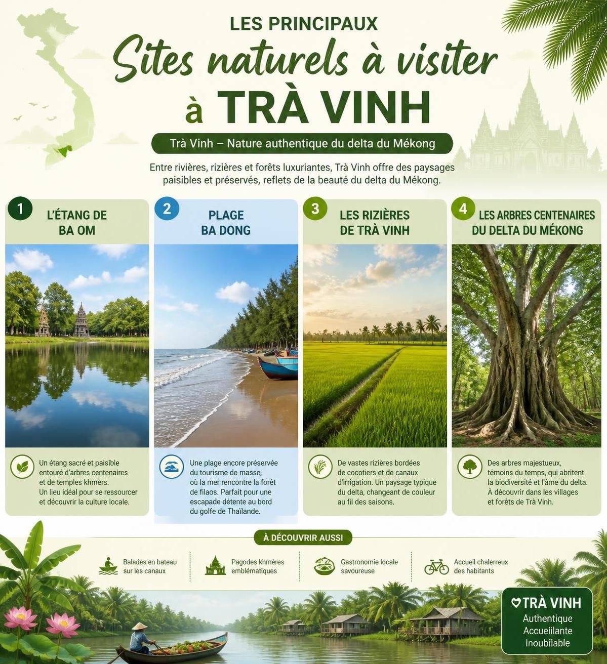 découvrez trà vinh, la province méconnue du delta du mékong, célèbre pour ses magnifiques pagodes khmères et son riche patrimoine culturel, loin des sentiers touristiques habituels.