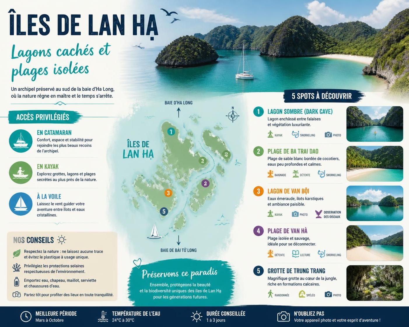 découvrez la beauté unique des îles de lan hạ en naviguant en voile et catamaran parmi les karsts verdoyants émergeant de l'eau pour une aventure inoubliable.