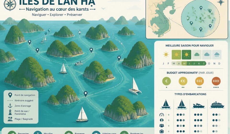 découvrez la beauté unique des îles de lan hạ en voile et catamaran, naviguez entre les majestueux karsts verts flottant au-dessus de l'eau pour une expérience inoubliable.