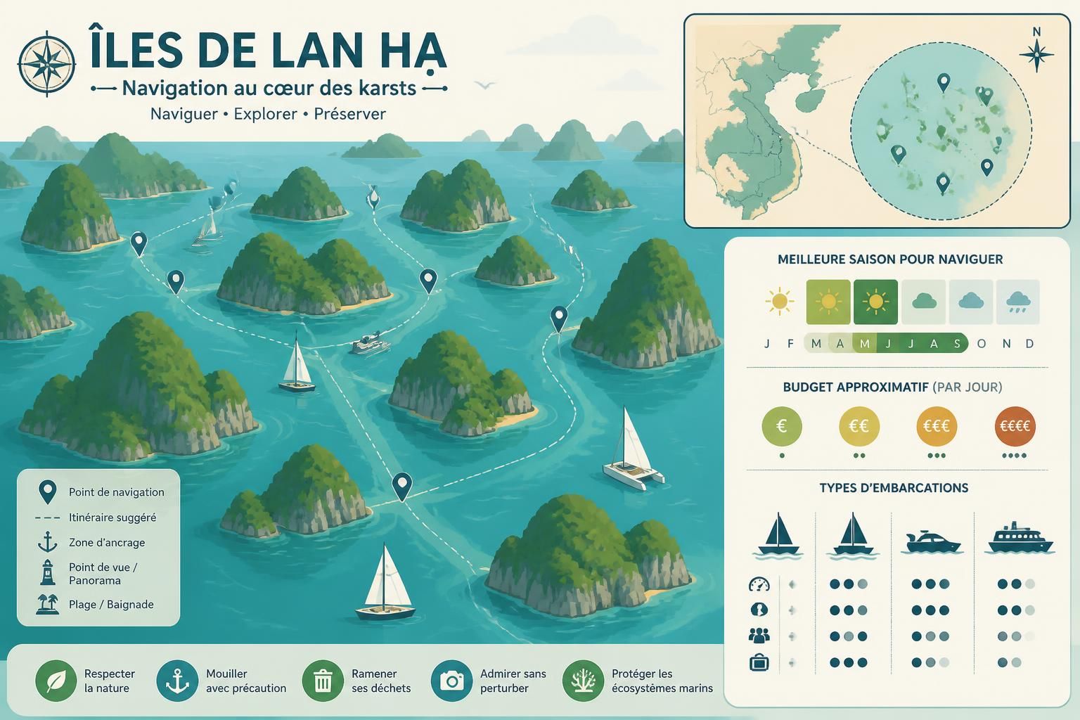 découvrez la beauté unique des îles de lan hạ en voile et catamaran, naviguez entre les majestueux karsts verts flottant au-dessus de l'eau pour une expérience inoubliable.