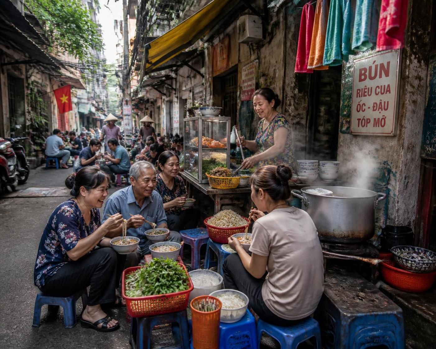 découvrez le bún riêu cua, la délicieuse soupe vietnamienne aux crabes de rivière et à la tomate, savourée chaque matin dans les ruelles animées de hanoï.