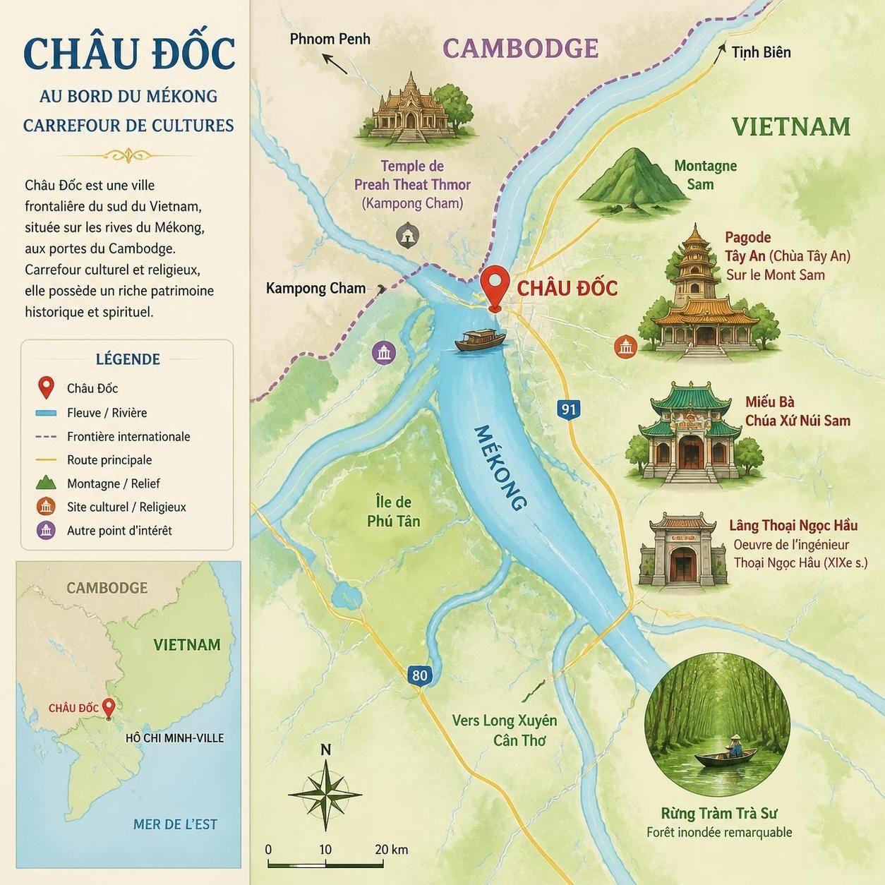 découvrez châu đốc dans la province d'an giang, un carrefour culturel où cham, khmers, bouddhistes et viets cohabitent au bord du mékong, révélant le véritable visage du vietnam.