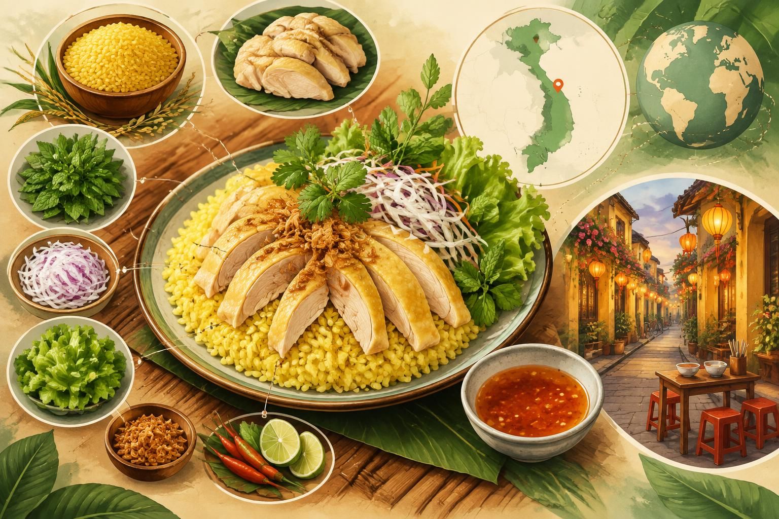 découvrez le cơm gà de hội an, réputé dans le monde entier : riz parfumé, poulet tendre et saveurs authentiques, souvent meilleurs au détour d’une ruelle.