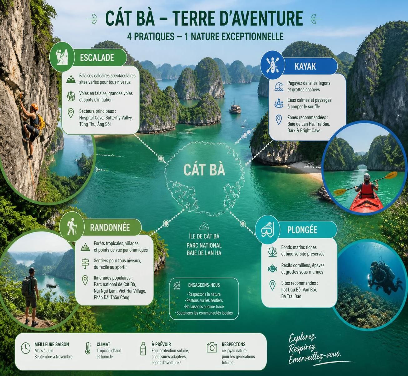 découvrez l'escalade sur les karsts spectaculaires de cát bà, où les parois verticales offrent une vue imprenable sur les eaux émeraude de la baie de lan hạ. une aventure unique pour les amateurs de sensations fortes et de nature préservée.