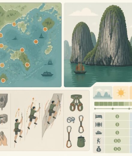 découvrez l'escalade spectaculaire sur les karsts de cát bà, offrant des parois verticales impressionnantes surplombant les eaux émeraude de la baie de lan hạ, un paradis pour les aventuriers et amoureux de la nature.
