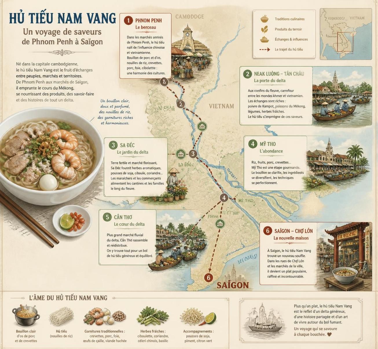 découvrez l'histoire et les saveurs authentiques du hủ tiếu nam vang, cette soupe khmère emblématique qui relie le cambodge aux rues animées de saïgon, au cœur du mékong.