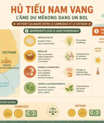 Hủ tiếu Nam Vang : la soupe khmère devenue l’emblème du Mékong — du Cambodge aux rues de Saïgon découvrez l'histoire et la saveur unique du hủ tiếu nam vang, la soupe khmère emblématique qui traverse le mékong, du cambodge aux rues animées de saïgon.