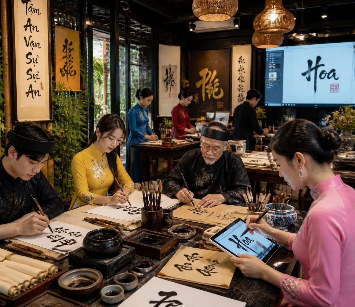 découvrez la calligraphie vietnamienne, l'art des maîtres des vœux du têt et la tradition ancestrale des tablettes au văn miếu, symbole de culture et d'histoire.