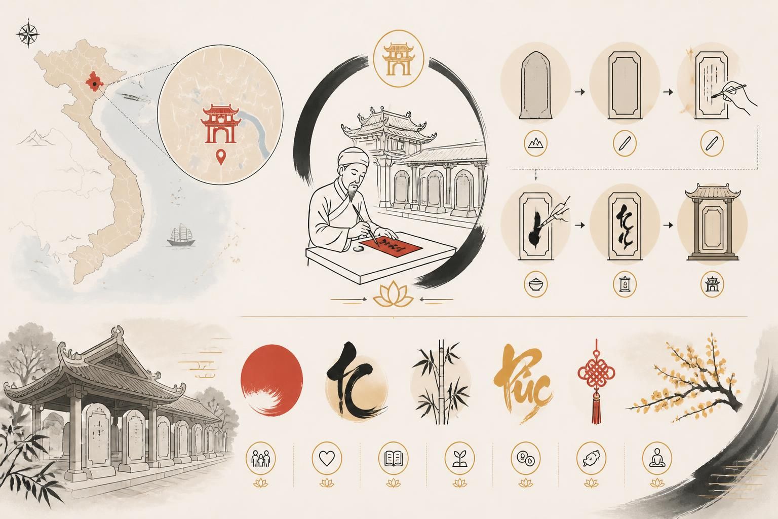 découvrez la calligraphie vietnamienne à travers les maîtres des vœux du têt et la tradition des tablettes au văn miếu, un symbole culturel riche et ancestral.