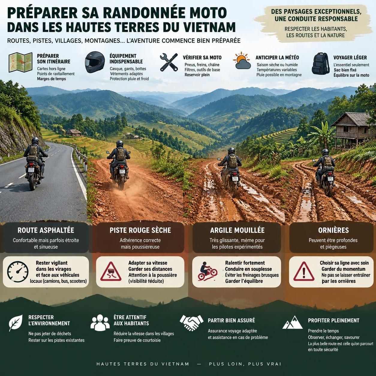partez en moto enduro sur les pistes de latérite des hautes terres, entre kon tum et pleiku, et découvrez les paysages sauvages du vietnam.