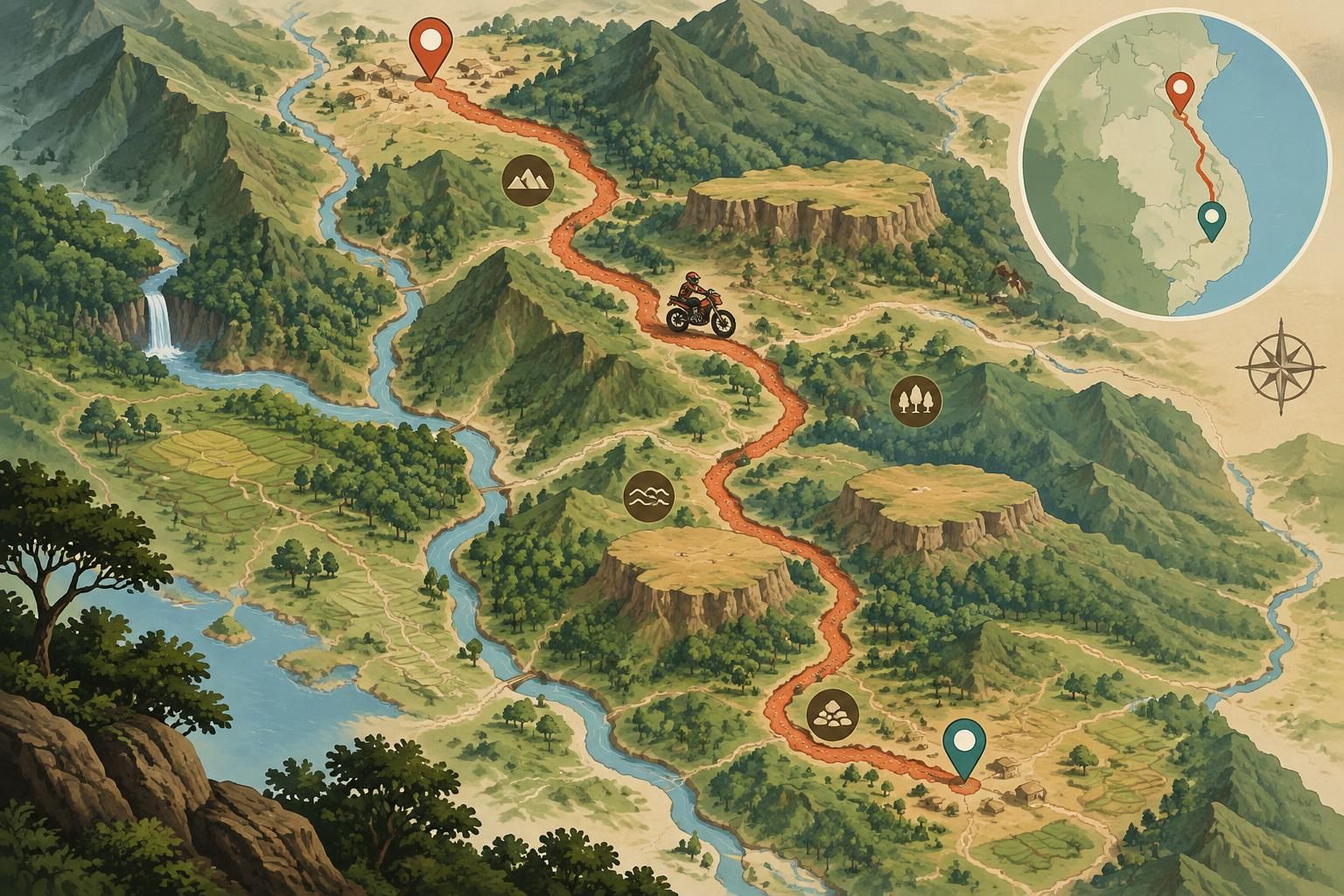 parcourez en moto enduro les pistes de latérite entre kon tum et pleiku, au cœur des hautes terres du vietnam, entre paysages sauvages et villages authentiques.
