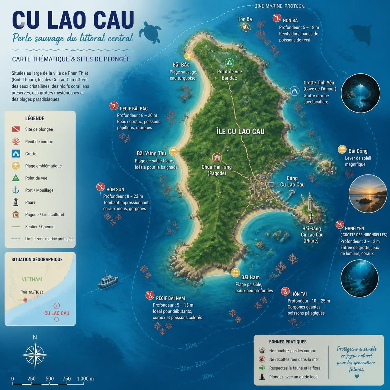 dĂ©couvrez la plongĂ©e aux Ăźles cĂč lao cĂąu Ă bĂŹnh thuáșn, un paradis mĂ©connu aux coraux intacts et paysages sous-marins prĂ©servĂ©s, idĂ©al pour les amateurs d'aventure et de nature sauvage.